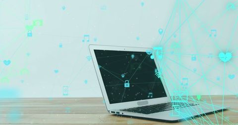 Laptop with digital connections and network icons overlay