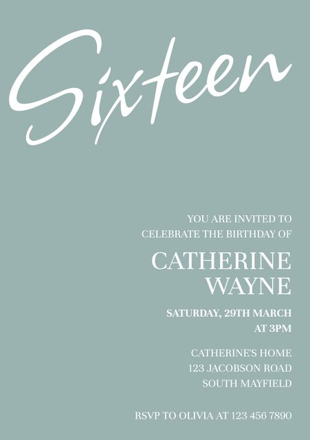 Soft green background with sophisticated typography. Ideal for sweet sixteen party invites, it conveys elegance and style. Perfect for digital invitations, prints for special celebrations, and sending via mail.