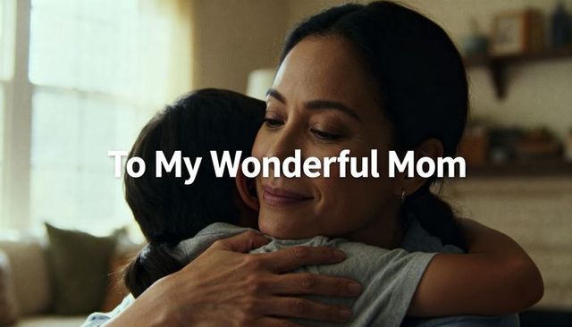 Mother embracing child hugging in sunlit living room showing 'to my wonderful mom' message