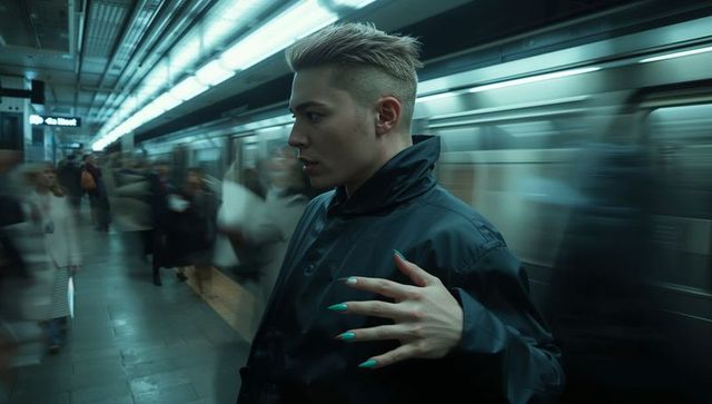 Cinematic urban portrait of man with teal nails on crowded subway platform at night