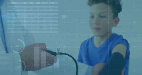 Doctor pressing stethoscope on child wearing wearable monitor with data overlay