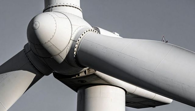 Closeup showing wind turbine hub and blade roots with bolted flange on tubular tower