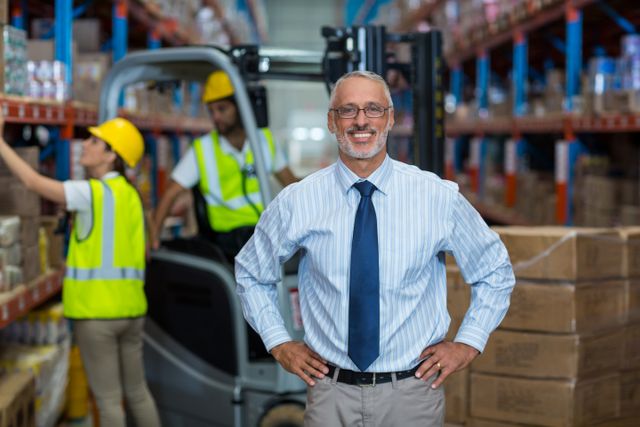 Warehouse manager standing confidently with hands on hips, overseeing operations in a busy warehouse. Workers in the background handling inventory and operating a forklift. Ideal for use in business, logistics, supply chain management, and industrial safety materials.