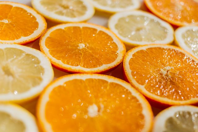 Bright and vibrant orange and lemon slices arranged in a pattern. Perfect for use in food blogs, health and wellness articles, or advertisements promoting freshness and vitamin-rich products.