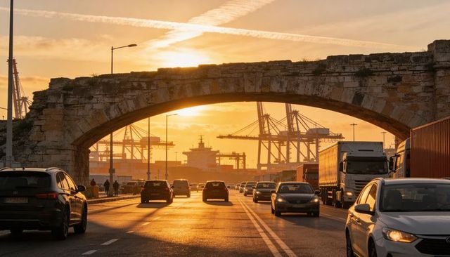 Golden Sunset Through Stone Arch Bridge Framing Busy Harbor Road With Cargo Cranes