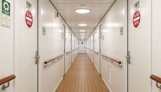 Central ship corridor drawing eye to distant exit sign with cabin doors and handrails