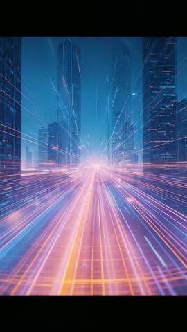 Racing along neon grid through futuristic cyberpunk cityscape with dynamic light trails