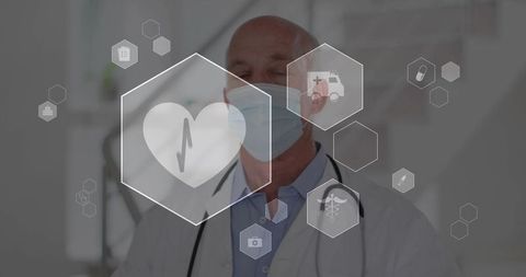 Senior doctor with digital healthcare symbols in clinic