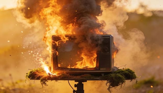 Burning vintage crt television on mossy tripod during golden hour, smoke and sparks rising