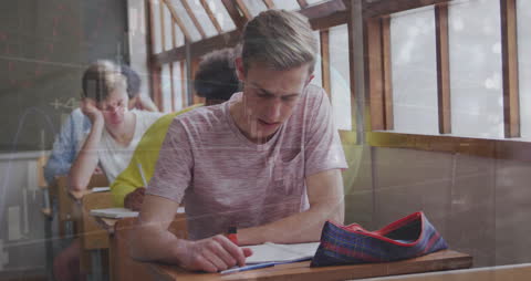 Students Engaged in Classroom Study with Digital Data Overlay