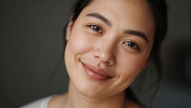 Smiling asian woman close-up headshot with natural makeup, dimples, soft minimalist style