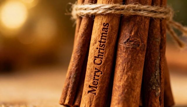 Rustic cinnamon bundle engraved merry christmas sticks tied with twine warm holiday bokeh