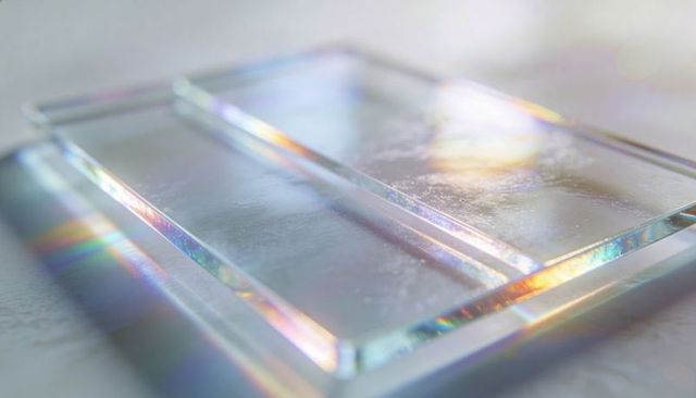 Beveled clear glass panel reflecting iridescent prism light and soft bokeh highlights close-up macro