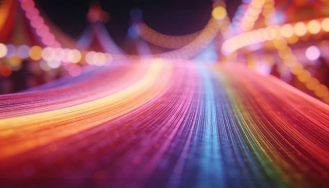 Neon light streaks flowing along glossy rainbow track with bokeh and sparkling particles