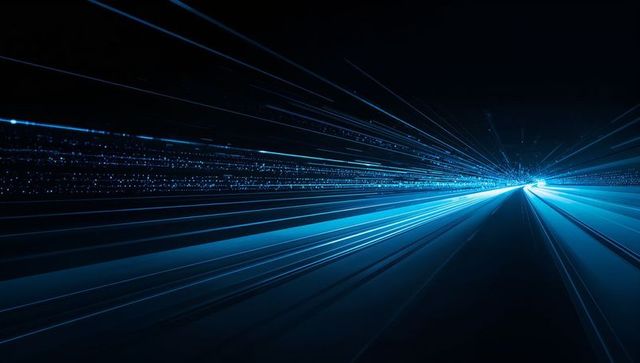 Streaming blue light trails converging toward neon vanishing point futuristic backdrop