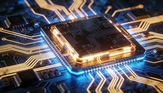 Glowing CPU Core Powering High-Speed Circuitry with Gold Traces and Blue LED Accents