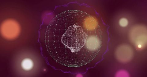 Glowing wireframe sphere pulsing with mesh core and purple waveform on bokeh gradient