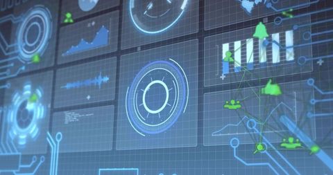 Futuristic HUD Dashboard Featuring Pulsing Radar Dial and Network Analytics Interface