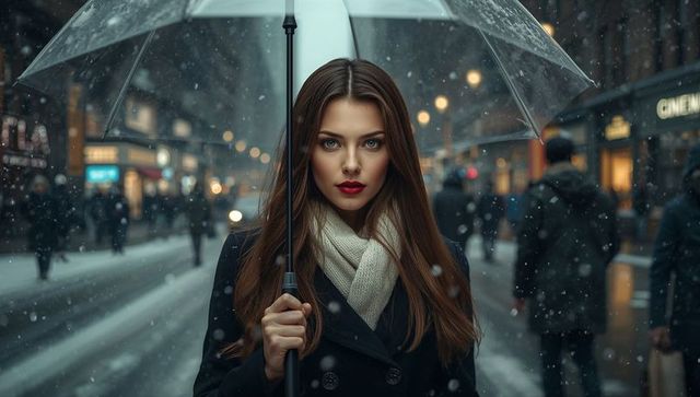 Woman holding clear umbrella on snowy urban street at dusk
