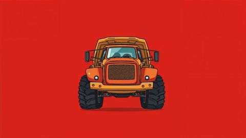 Front view of heavy-duty orange dumper truck on red background