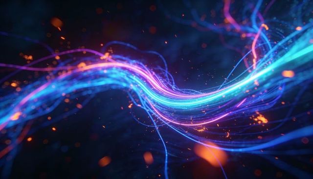 Neon Energy Stream Twisting Fiber-Optic Strands with Electric Sparks and Bokeh Glow