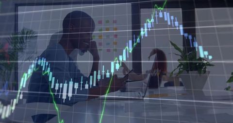 Businesswoman communicating with smartphone, finance charts overlay