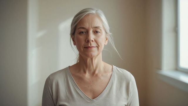 Calm senior woman portrait in warm minimalist interior with neutral confident expression
