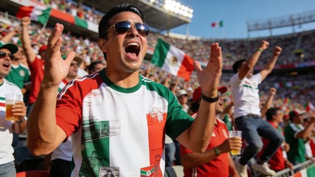 Mexican soccer fans cheering in stadium wearing tricolor jerseys and sunglasses