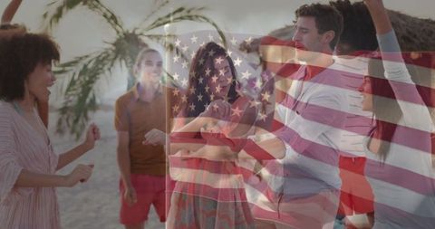 Beach Party with Friends Featuring American Flag Overlay
