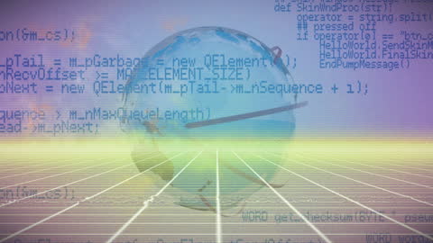 Globe with Data Processing Animation over Grid Matrix