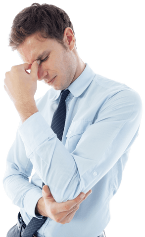 Stressed Businessman on Transparent Background in Thoughtful Pose