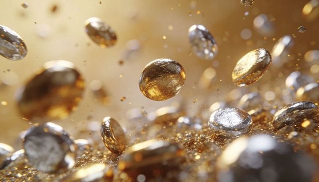 Floating gold and silver discs with glittering bokeh and metallic reflections in macro