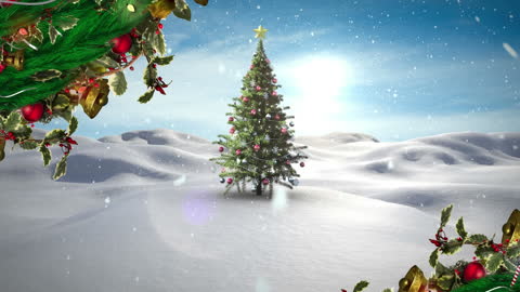 Snowy Winter Scene with Decorated Christmas Tree