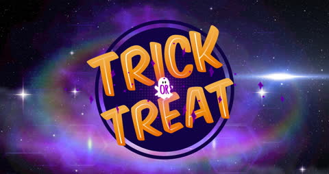 Animated Trick or Treat Text with Cosmic Background