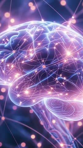 Looping Vertical Video Showing Pulsing Neural Network Racing Across Futuristic Brain Model