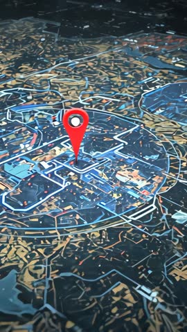 Vertical neon map interface showing multiple location pins zooming to central marker