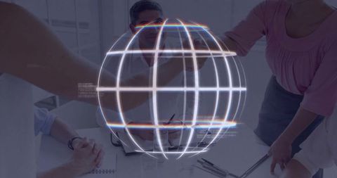 Collaborative Teamwork Meeting with Futuristic Holographic Globe