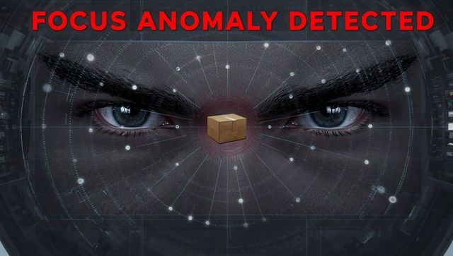 Focus anomaly detected hud scanning human eyes with reticle highlighting cardboard package
