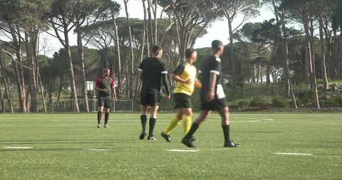 Soccer Match Amidst Lush Trees Highlighting Team Dynamics