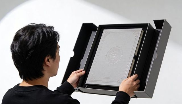 Presenting premium embossed gray book inside luxury magnetic presentation box with foam tray