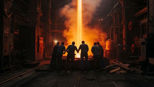 Foundry workers silhouetted pouring molten steel from ladle during industrial casting