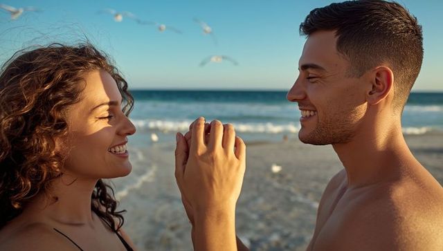 Romantic Couple Enjoying Beach Sunset Hands Pressed Together