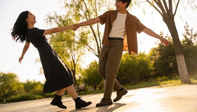 Couple holding hands and twirling at golden hour in park promenade