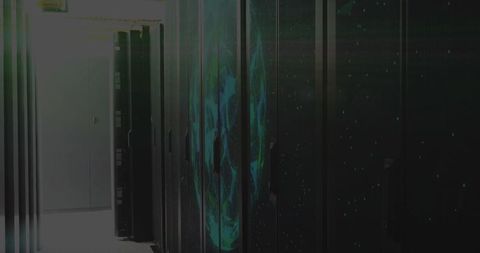 Modern data center corridor with illuminated server cabinets