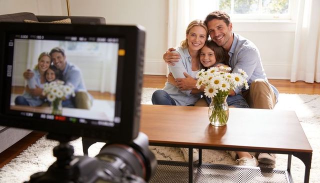 Sunlit family portrait posing with daisies on coffee table and dslr monitor in foreground