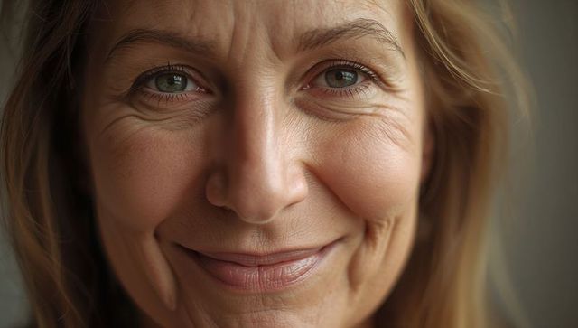Smiling middle-aged woman showing natural wrinkles and skin texture in warm close-up
