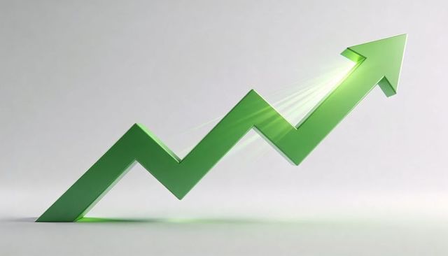 Green upward zigzag arrow representing financial growth and performance with motion streaks