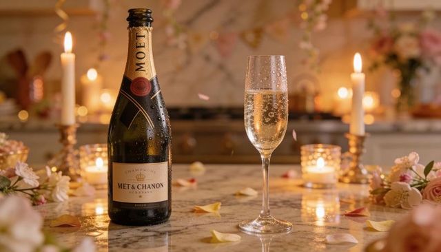 Romantic candlelit champagne celebration on marble countertop with rose petals and flute