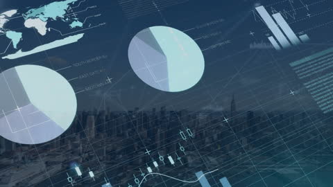 Futuristic Infographic Interface Over Skyline with Data Visualization