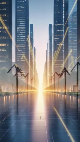Vertical futuristic city corridor at sunrise showing upward growth arrows on reflective floor